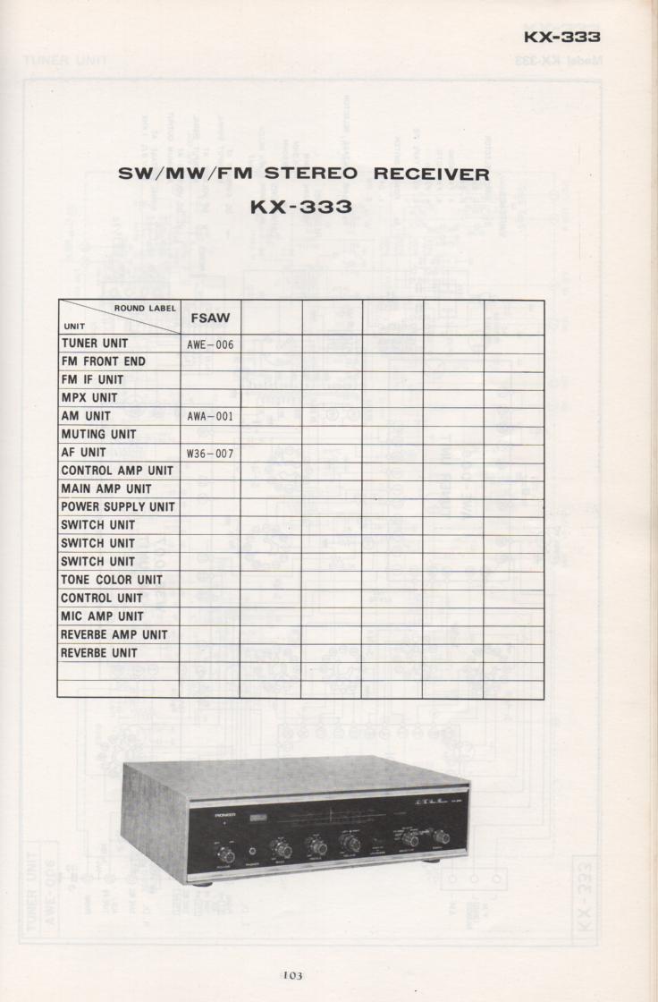 KX-333 Receiver Schematic Manual  PIONEER SCHEMATIC MANUALS