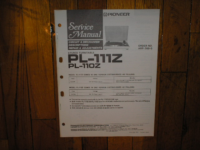 PL-110Z PL-111Z Turntable Service Manual  Pioneer