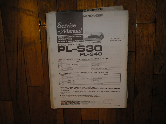 PL-340 PL-S30 Turntable Service Manual  Pioneer