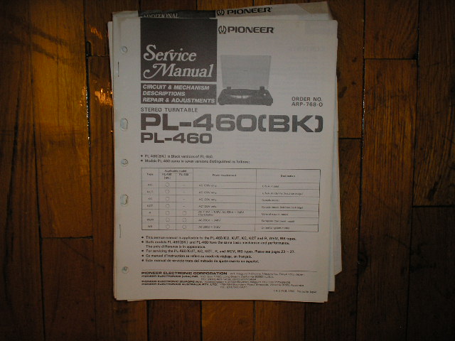 PL-460 PL-460BK Turntable Service Manual  Pioneer