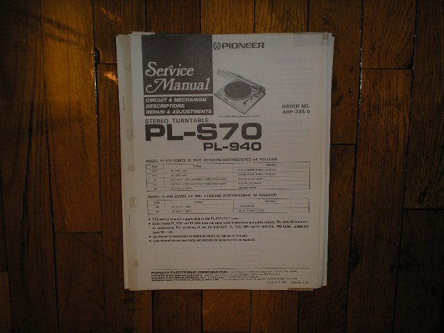 PL-S70 PL-940 Turntable Service Manual  Pioneer