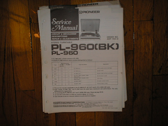 PL-960 PL-960BK Turntable Service Manual  Pioneer