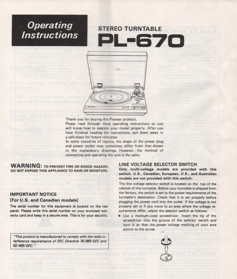 PL-670 Turntable Owners Manual  Pioneer