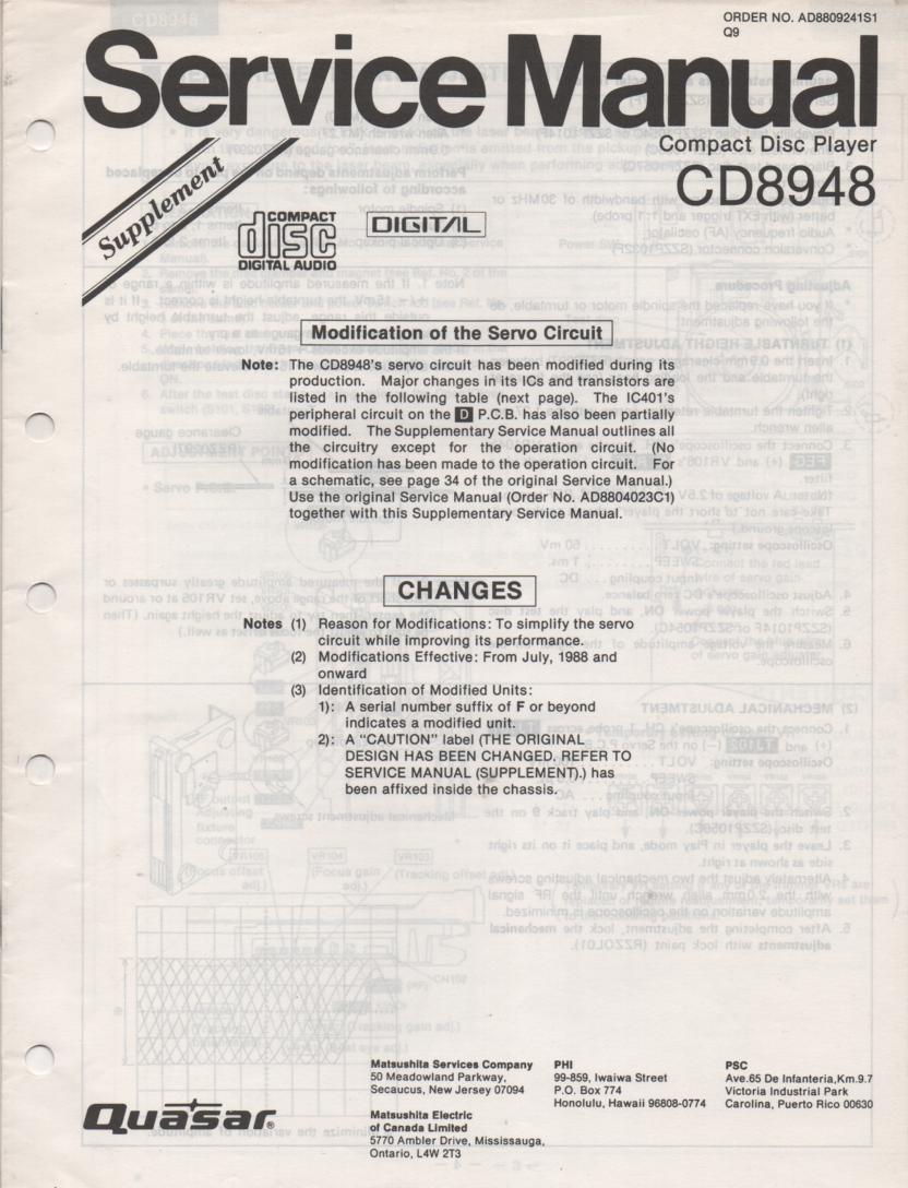 CD8948 CD Player Adjustment Manual