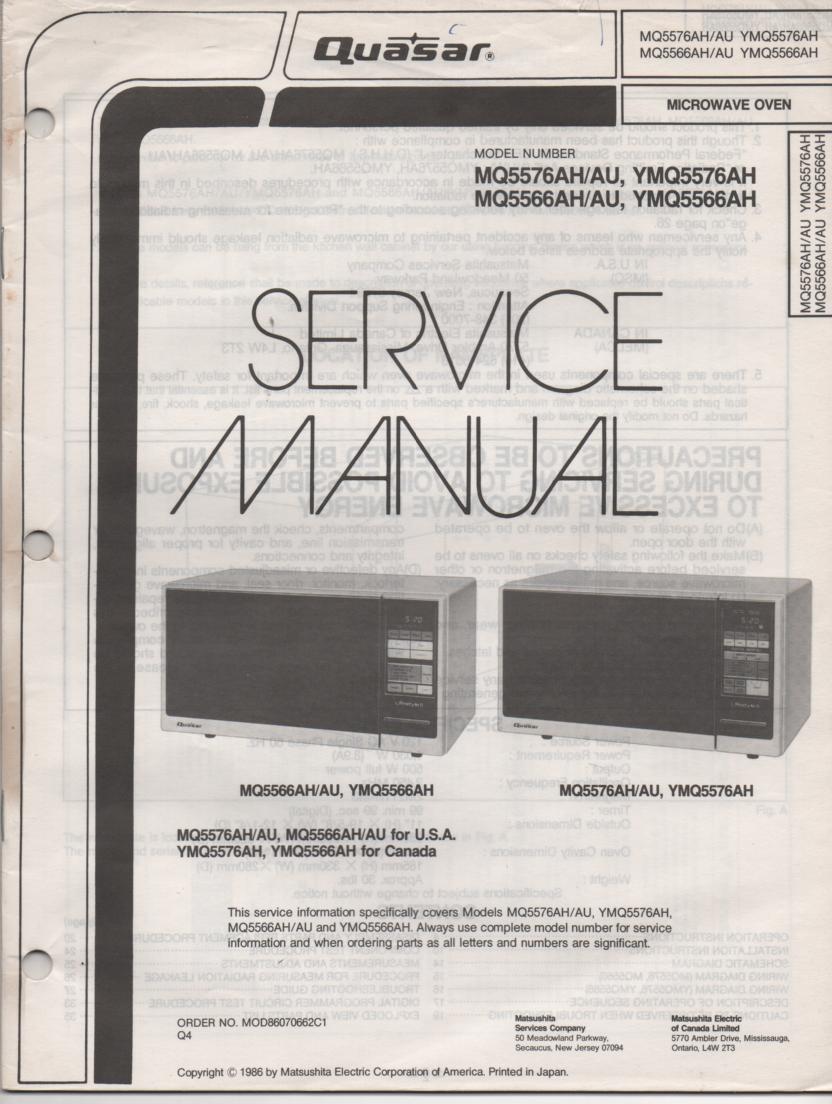 MQ5576AH MQ5576AU YMQ5576AH MQ5566AH Microwave Oven Service Operating Manual
