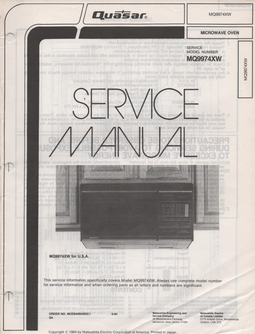 MQ9974XW Microwave Oven Service Operating Instruction Manual with parts lists and schematics