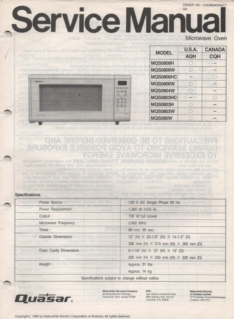 MQS0803H MQS0803W MQS0803HC MQS080W Microwave Oven Service Operating Instruction Manual with parts lists and schematics