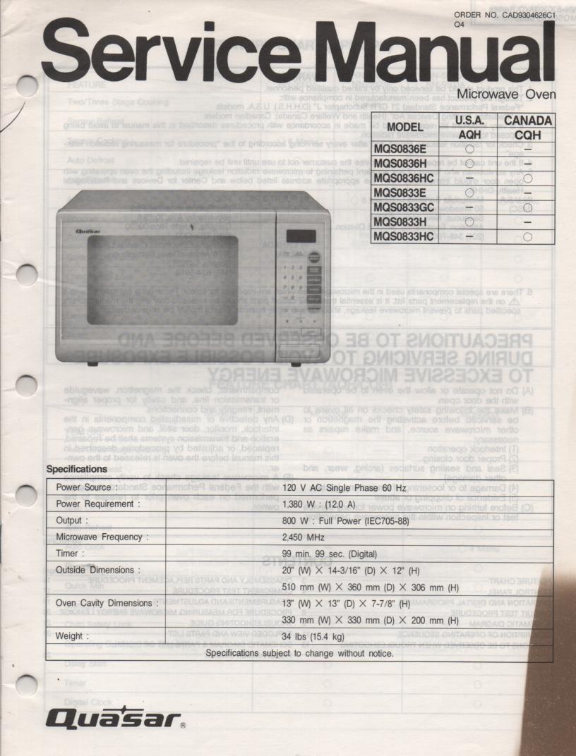 MQS0836E MQS0836H MQS0836HC MQS0833HC Microwave Oven Service Operating Instruction Manual