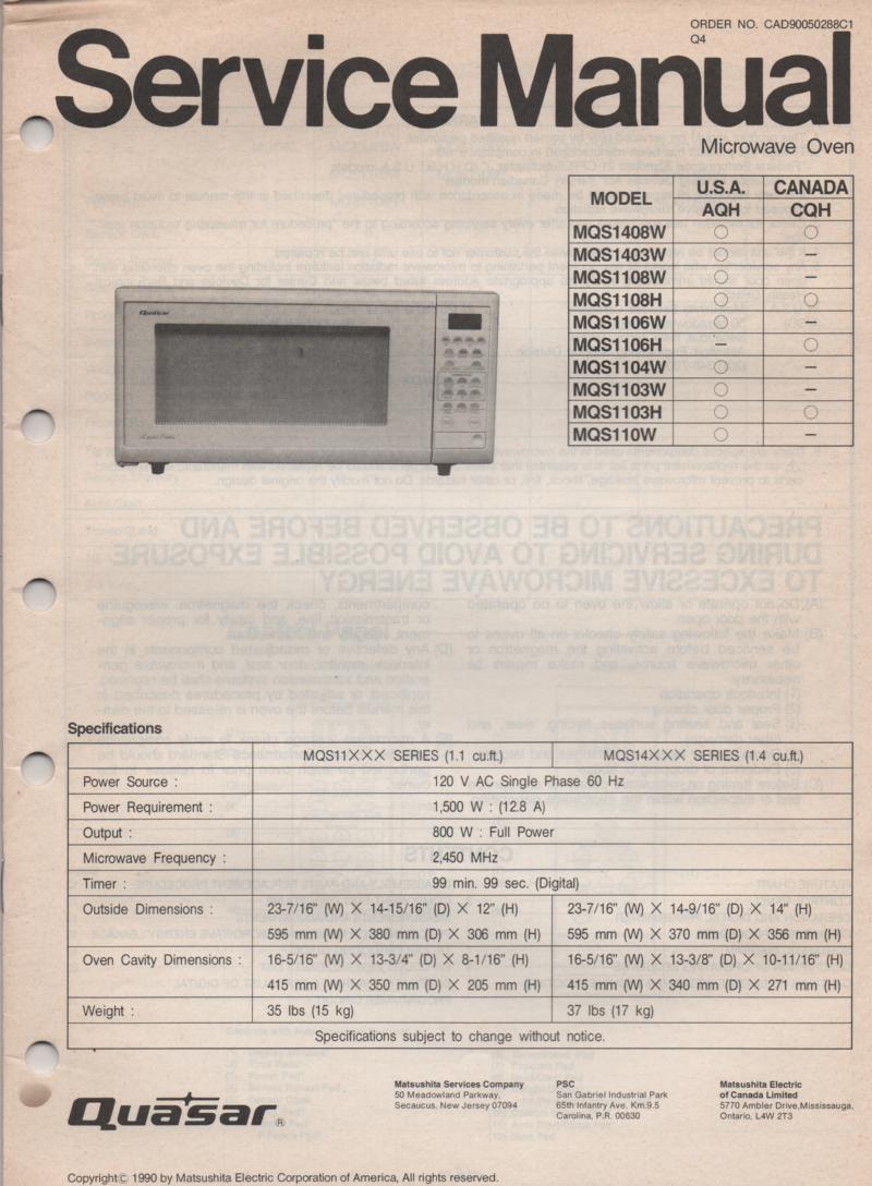 MQS1103H MQS1103W MQS110W Microwave Oven Service Operating Instruction Manual with parts lists and schematics