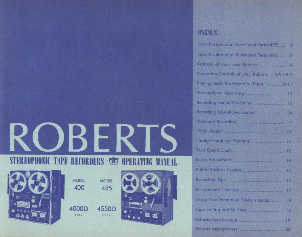 440 455 4000D 4550D Reel to Reel Owners Operating Instruction Manual  ROBERTS