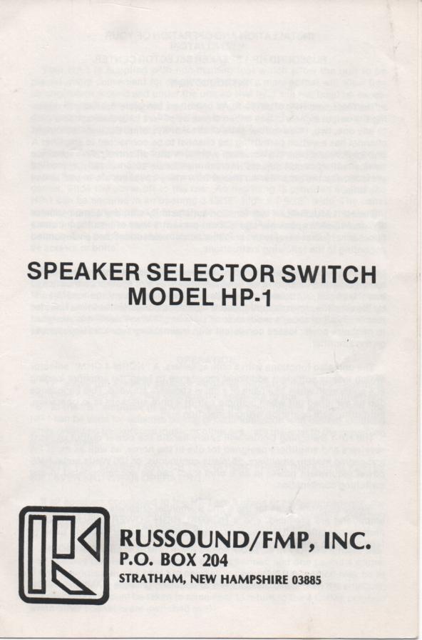 HP-1 Speaker Selector Switch Owners Manual  RUSSOUND / FMP, INC