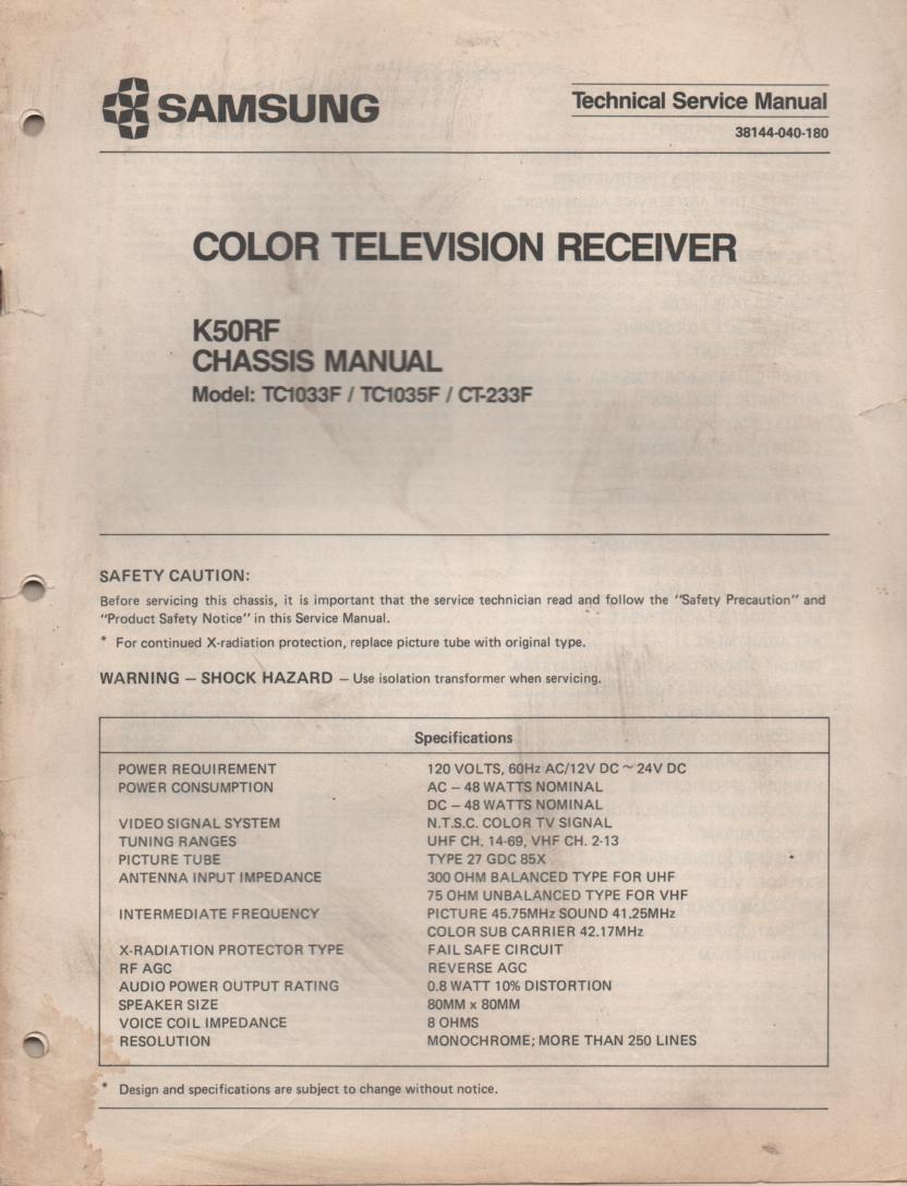 CT233F TC1033F TC1035F Television Service Manual K50RF Chassis Manual.