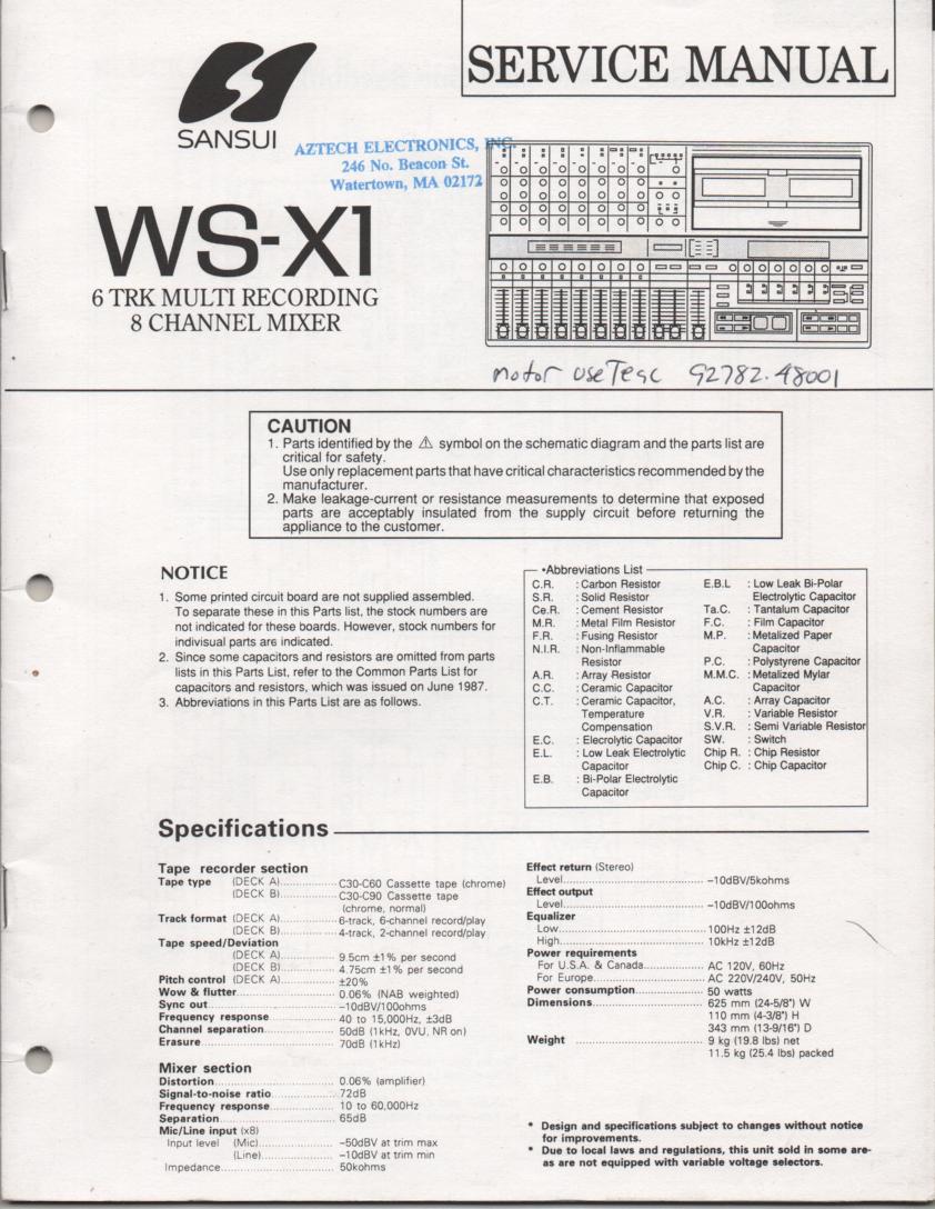 WS-X1 Cassette Studio Recorder Service Manual