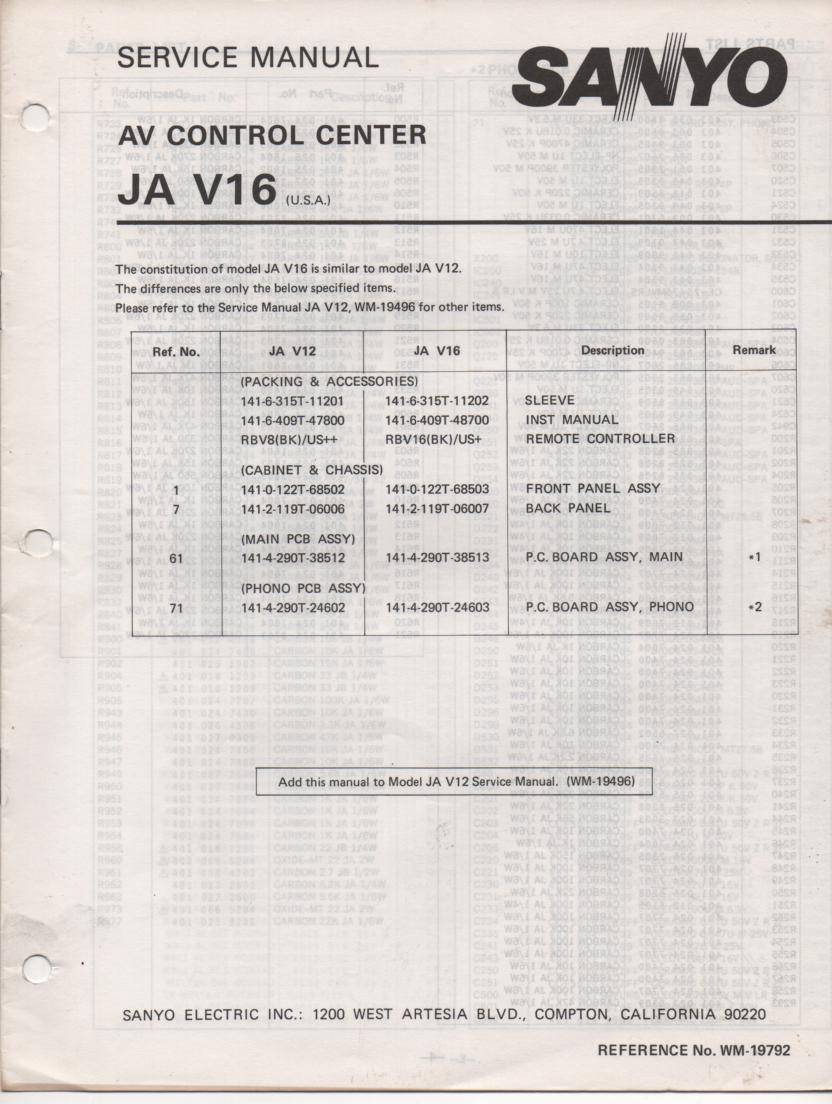 JA V16 Audio Video Control Center Service Manual. @ manuals.  Comes with JA V12 manual.