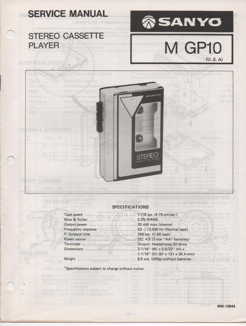M GP10 Cassette Player Service Manual