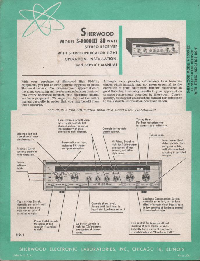 S-8000 III Receiver Service Manual for Serial No 837501 and up.  Sherwood 