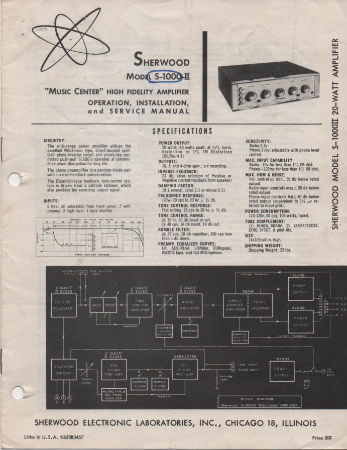 S-1000 II Amplifier Operating Installation and Service Manual 1..
Tubes are 1 5Y3GT 2 6L6GB 1 6BA8A 1 EF86 2 12AX7 . 