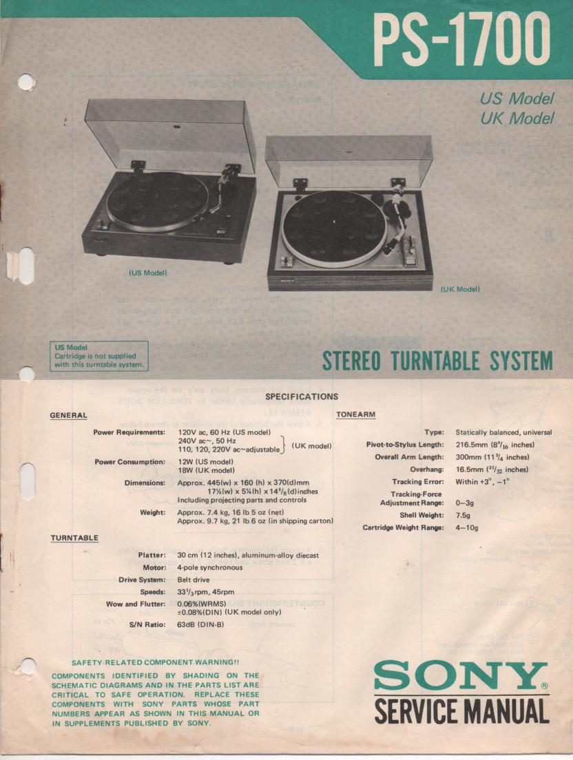 PS-1700 Turntable Service Manual  Sony