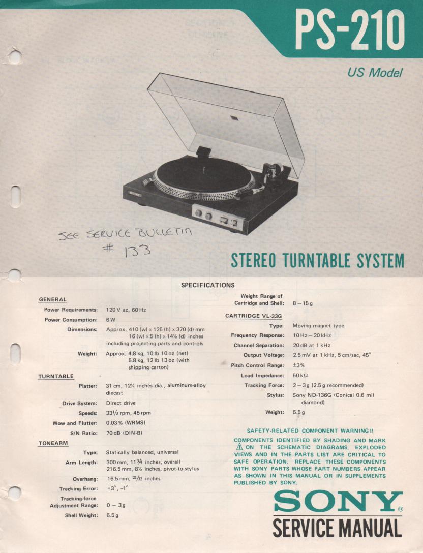 PS-210 Turntable Service Manual  Sony