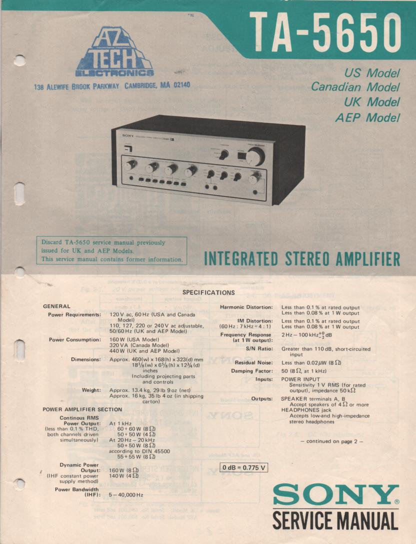 TA-5650 Integrated Stereo Amplifier Service Instruction Manual