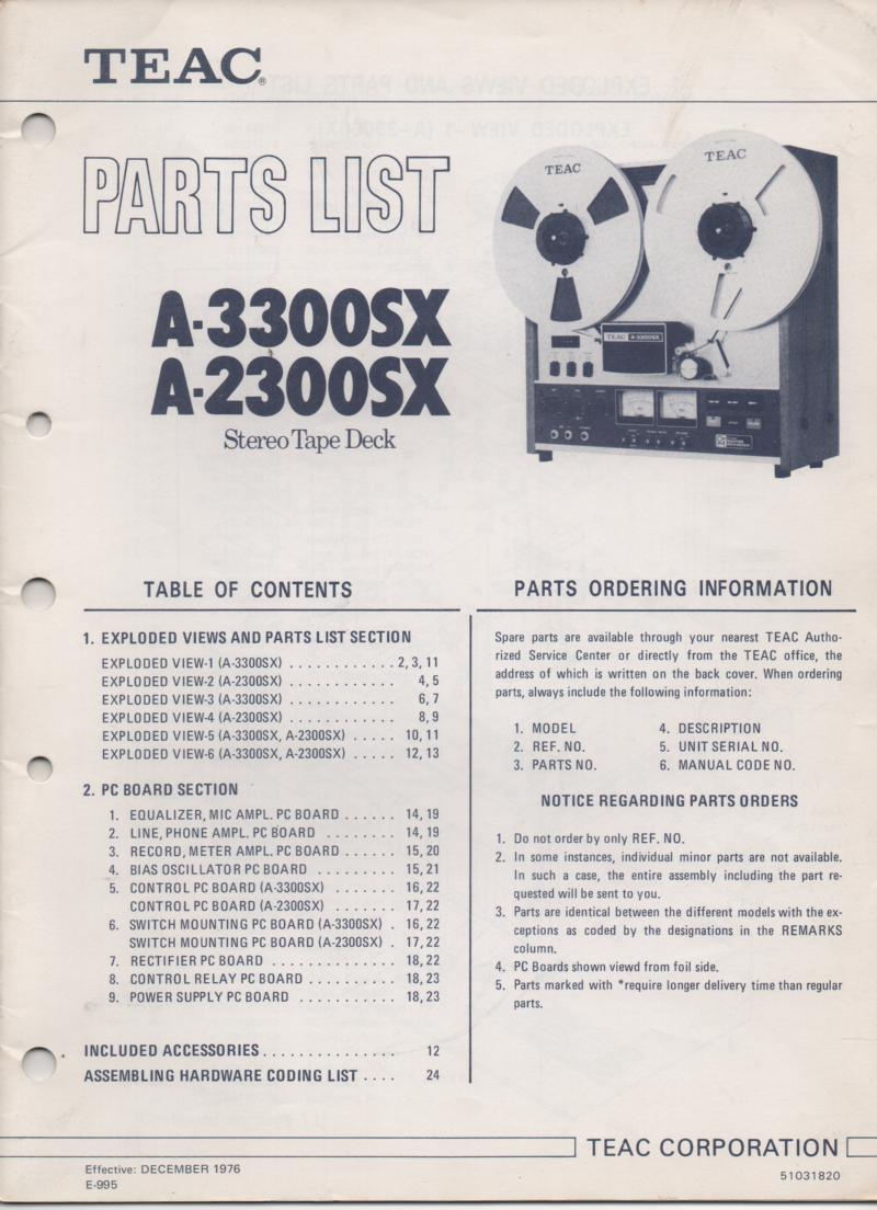 A-2300SX A-3300SX Reel to Reel Service Parts Manual.  TEAC