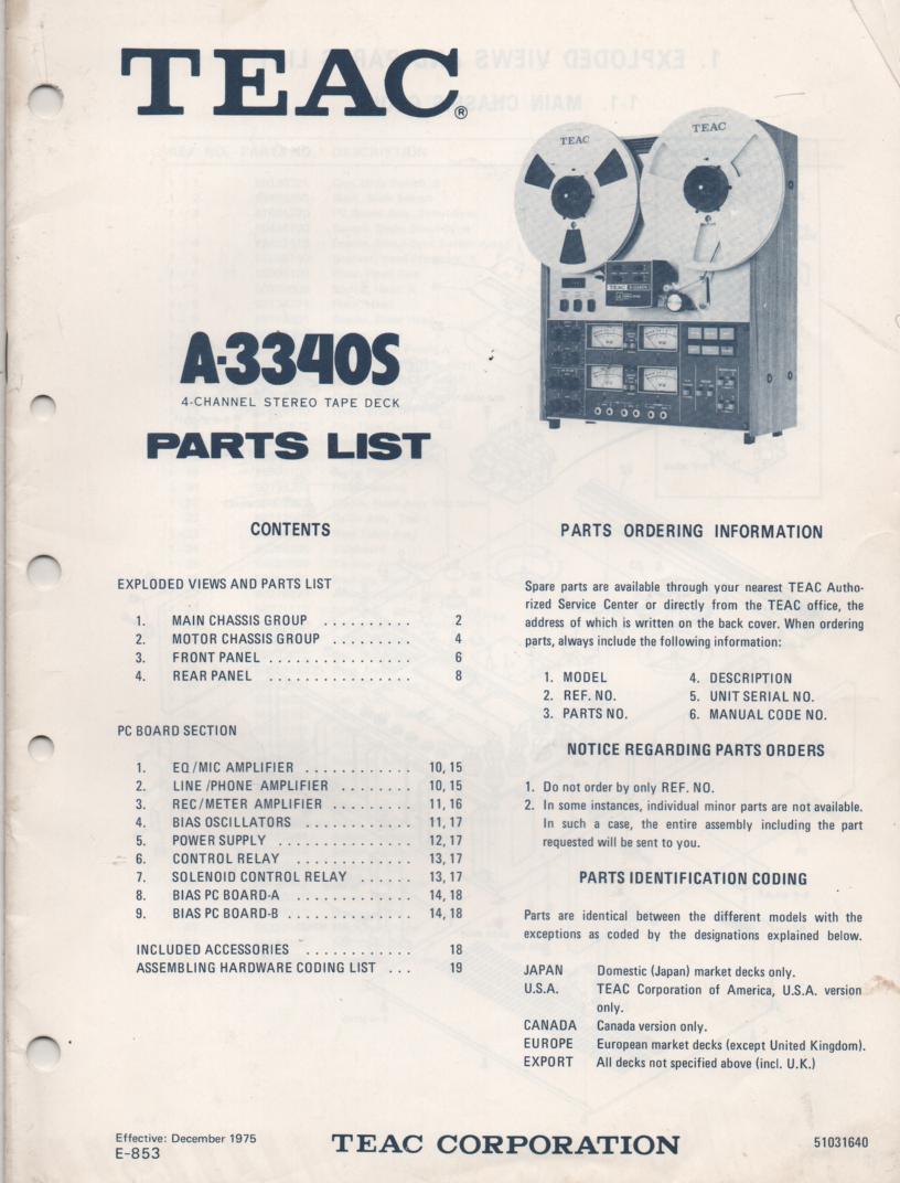 A-3340S 1975 Reel to Reel Parts Manual  TEAC