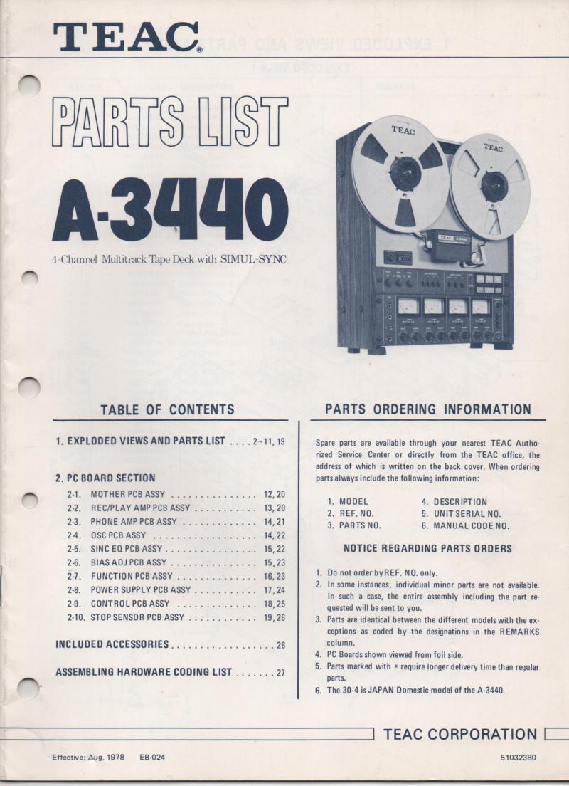 A-3440 Reel to Reel Parts Service Manual  TEAC