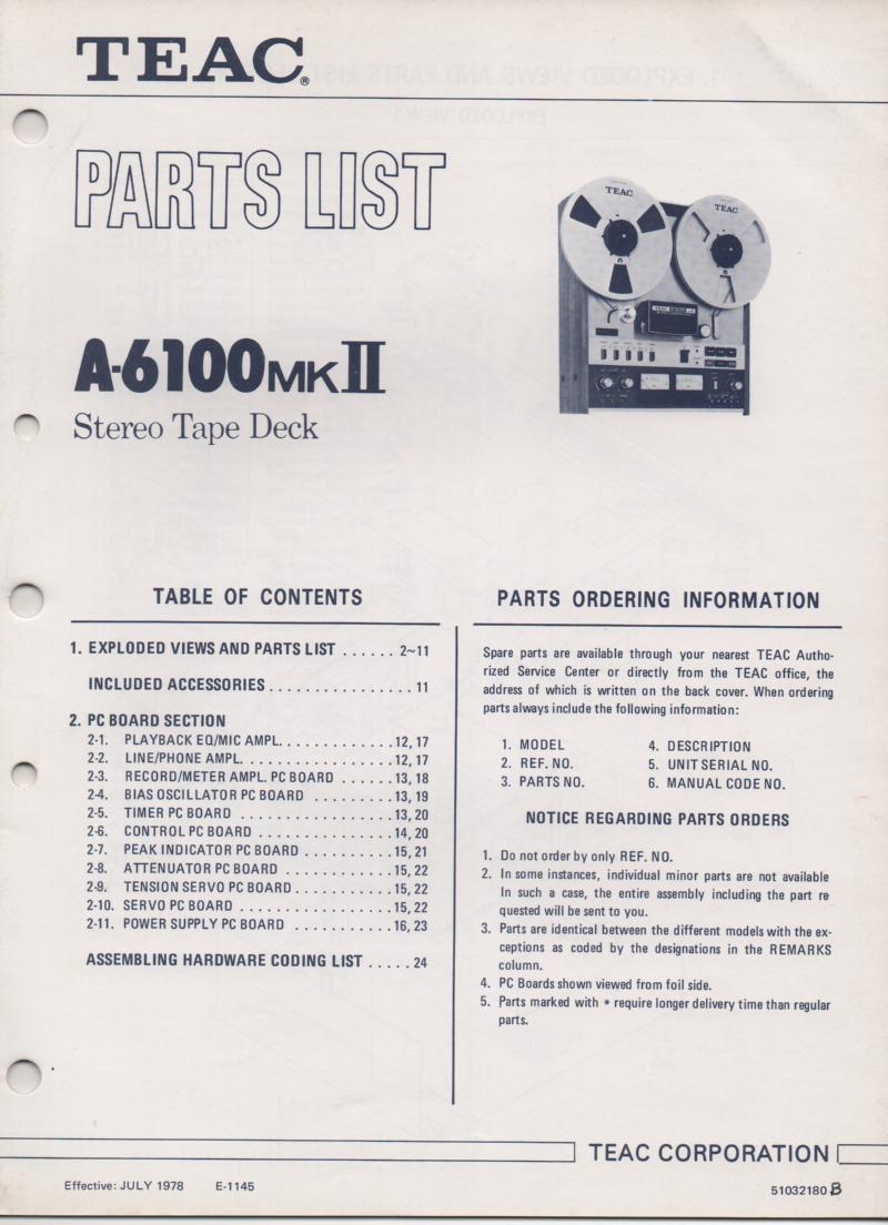 A-6100mk II Reel to Reel Service Parts Manual  TEAC