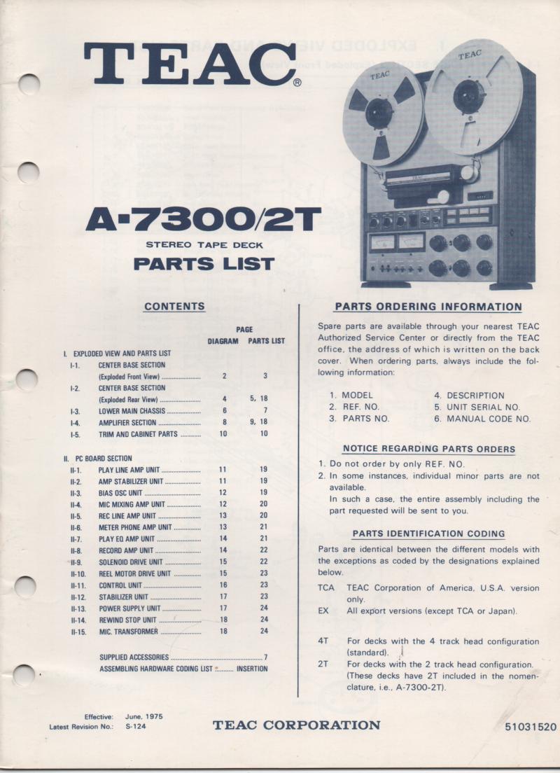 A-7300 A-7300 2T Reel to Reel Service Parts Manual  TEAC