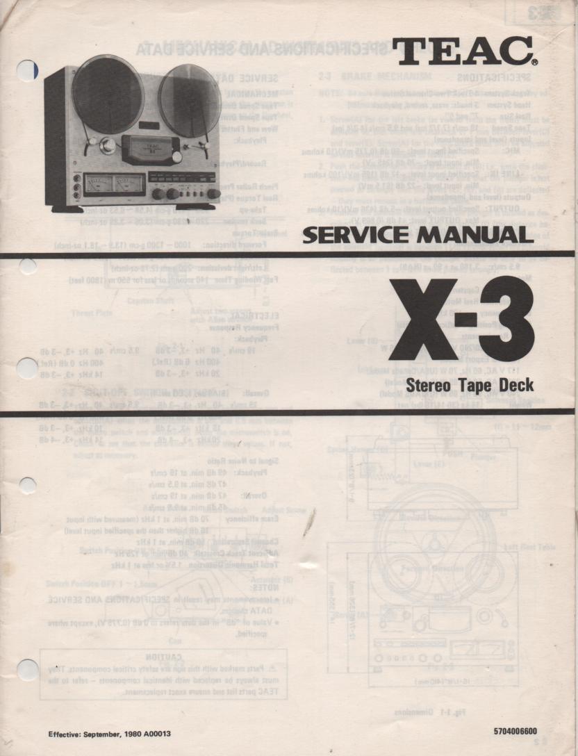 X-3 Reel to Reel Service Manual  TEAC