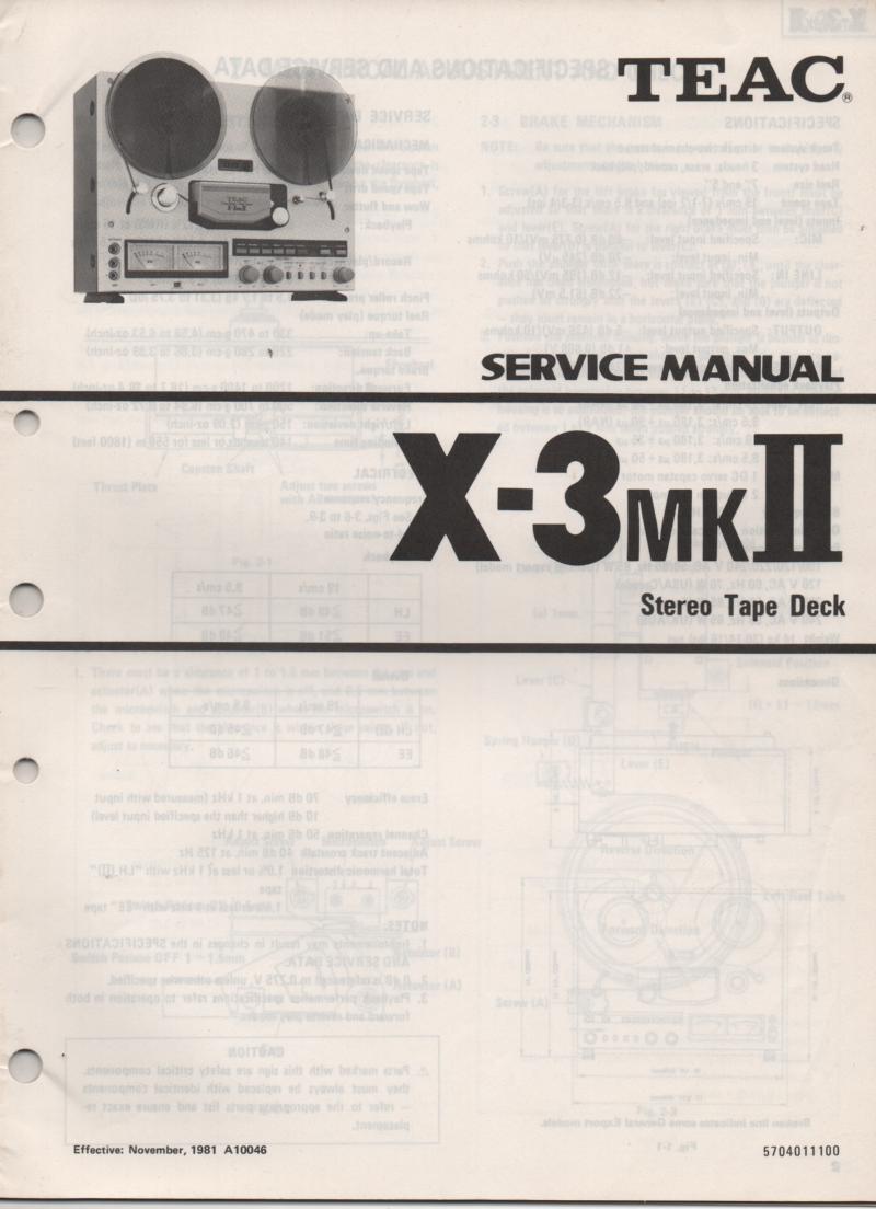 X-3MK II  Reel to Reel Service Manual  TEAC