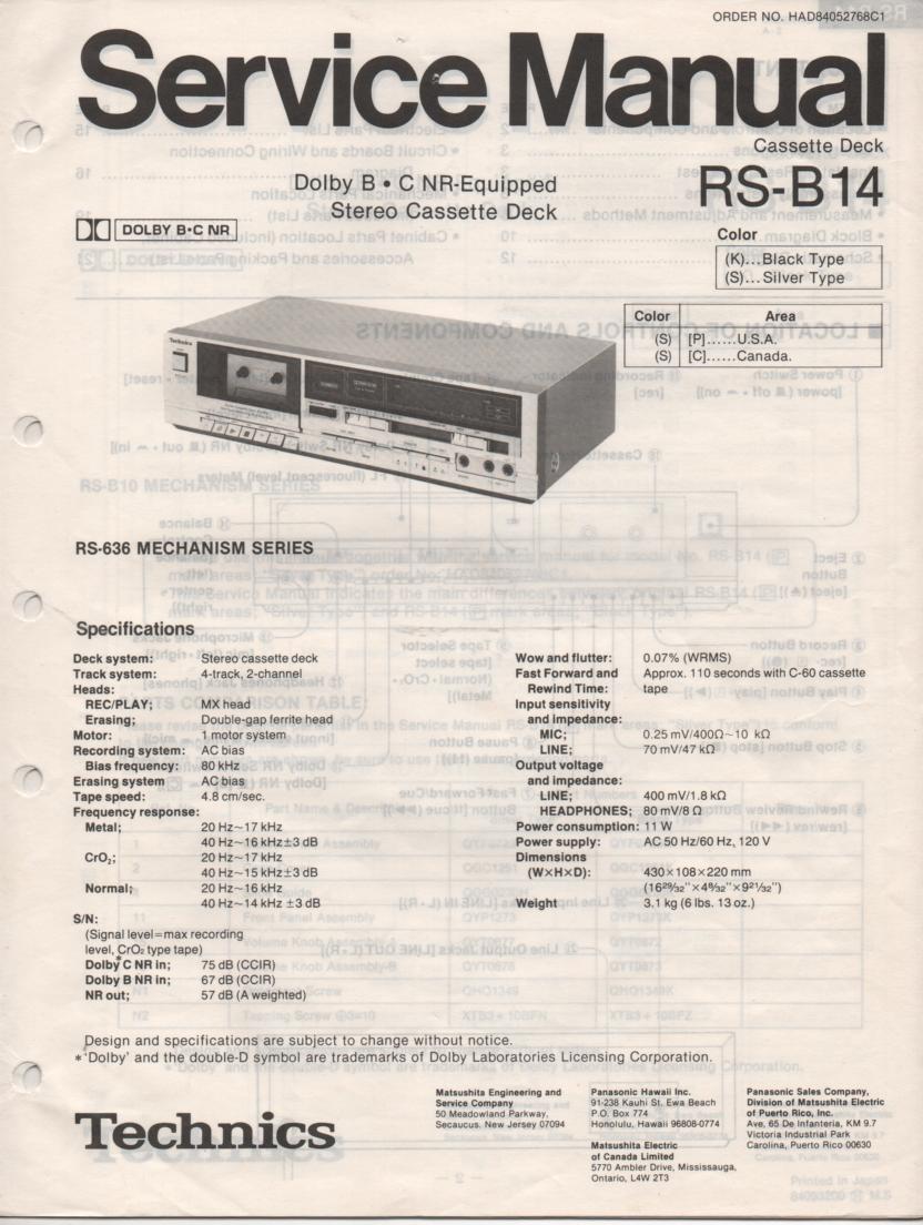 RS-B14 Cassette Deck Service Instruction Manual.  