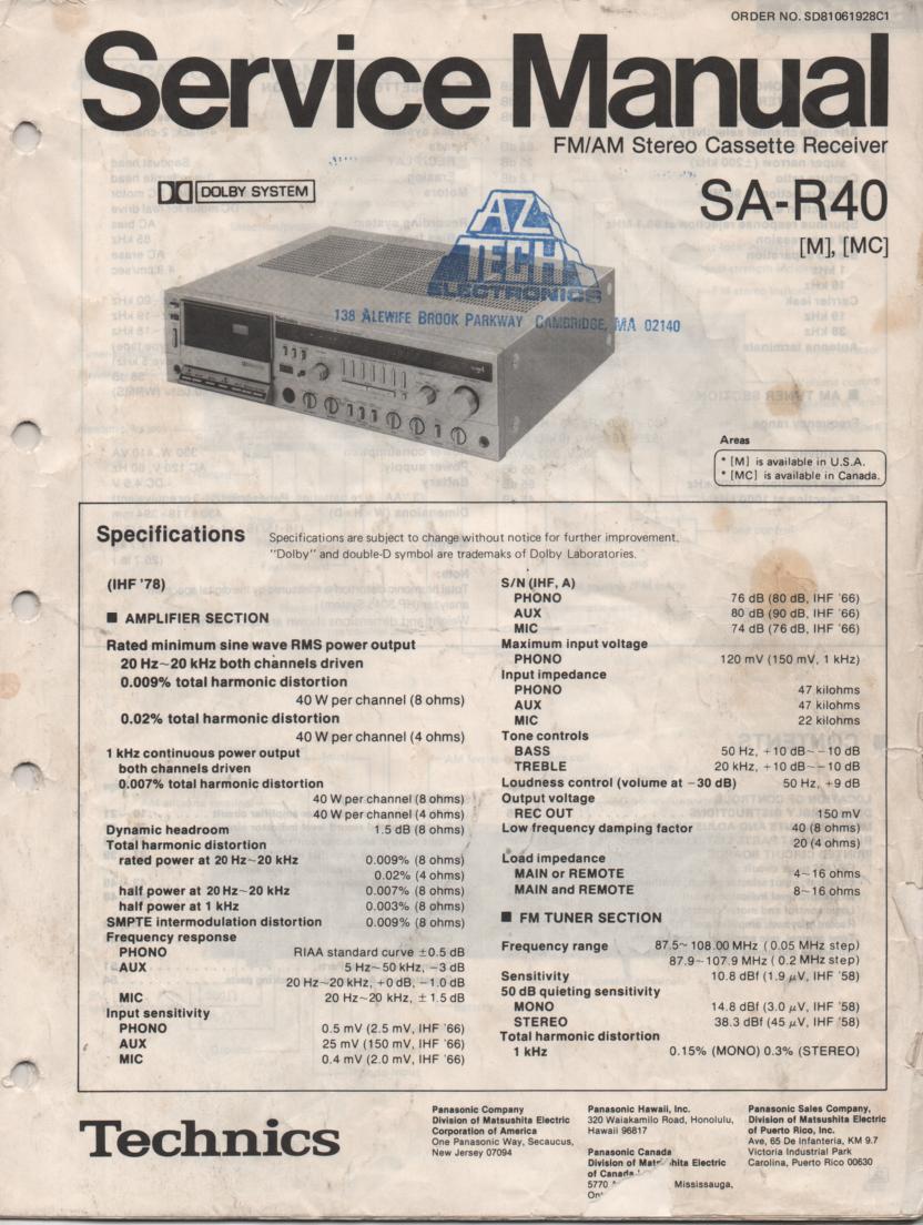 SA-R40 Cassette Receiver Service Instruction Manual  Technics 
