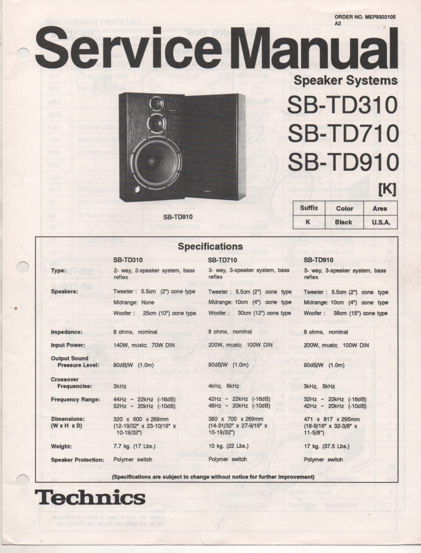 SB-TD310 SB-TD710 SB-TD-910 Speaker System Service Manual  Technics 