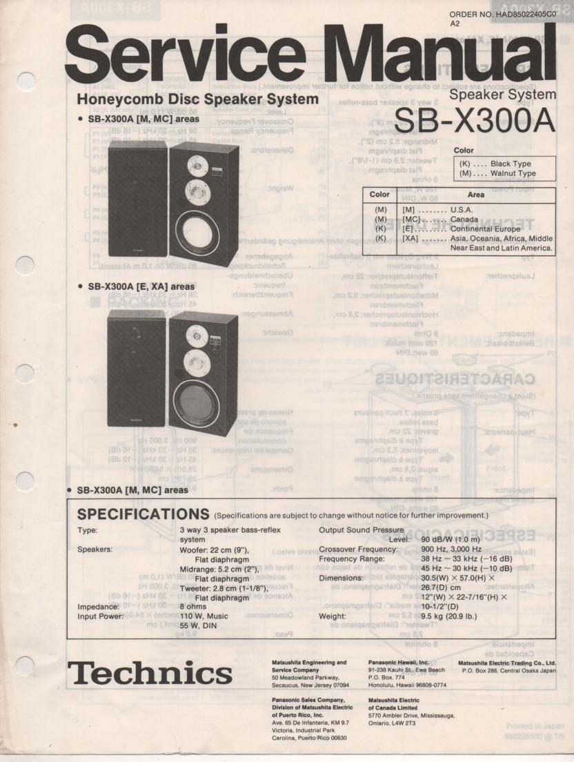 SB-X300A Speaker System Service Manual  Technics 