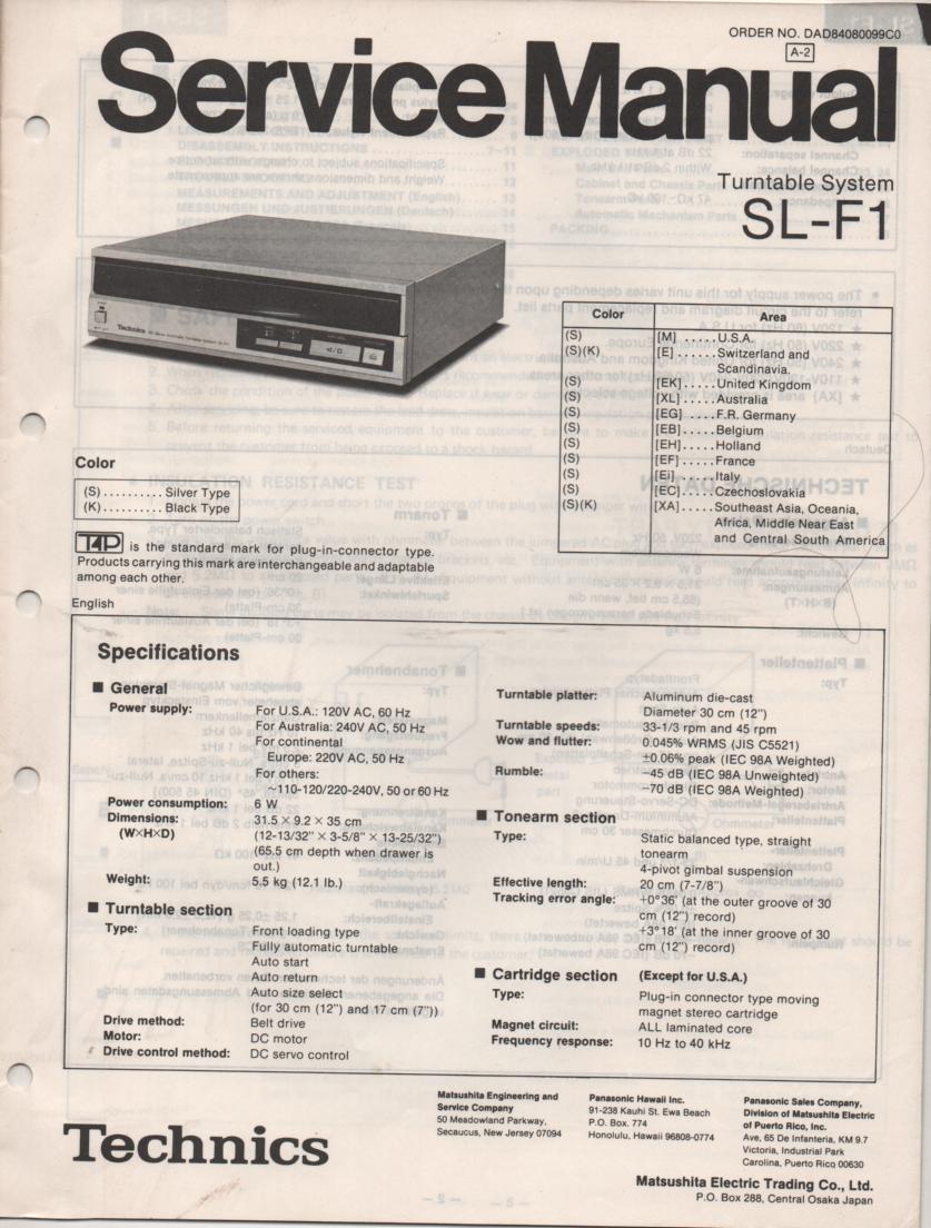 SL-F1 Turntable Service Instruction Manual  Technics 