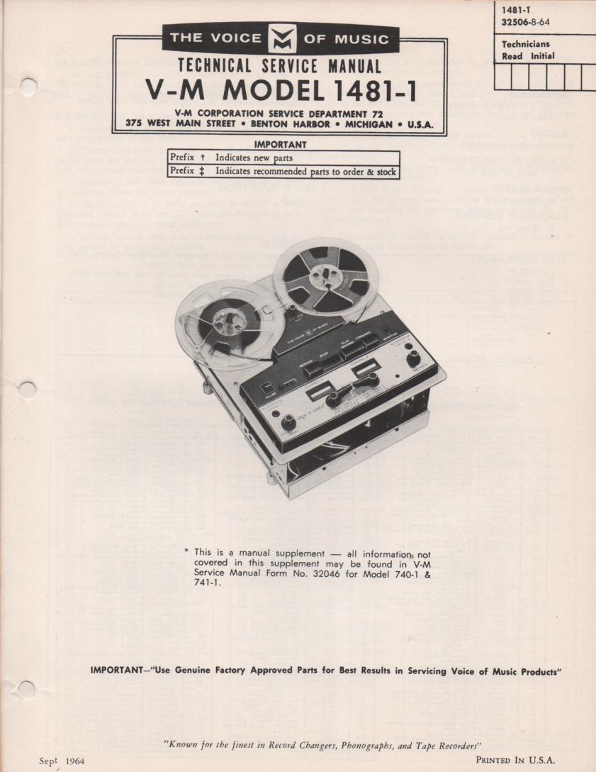 1481-1 Reel to Reel Service Manual  VOICE OF MUSIC