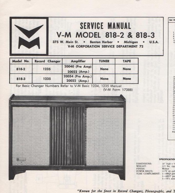 818-2 818-3 Console Service Manual... Comes with 1235 record changer manual.
818-2 comes with 20022 and 20040 manuals..  
818-3 comes with 20022 and 20054 manuals..