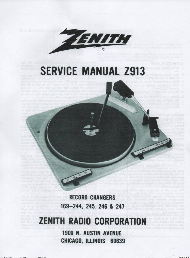 169-244 169-245 169-246 169-247 Record Changer Service Manual Z913  Zenith