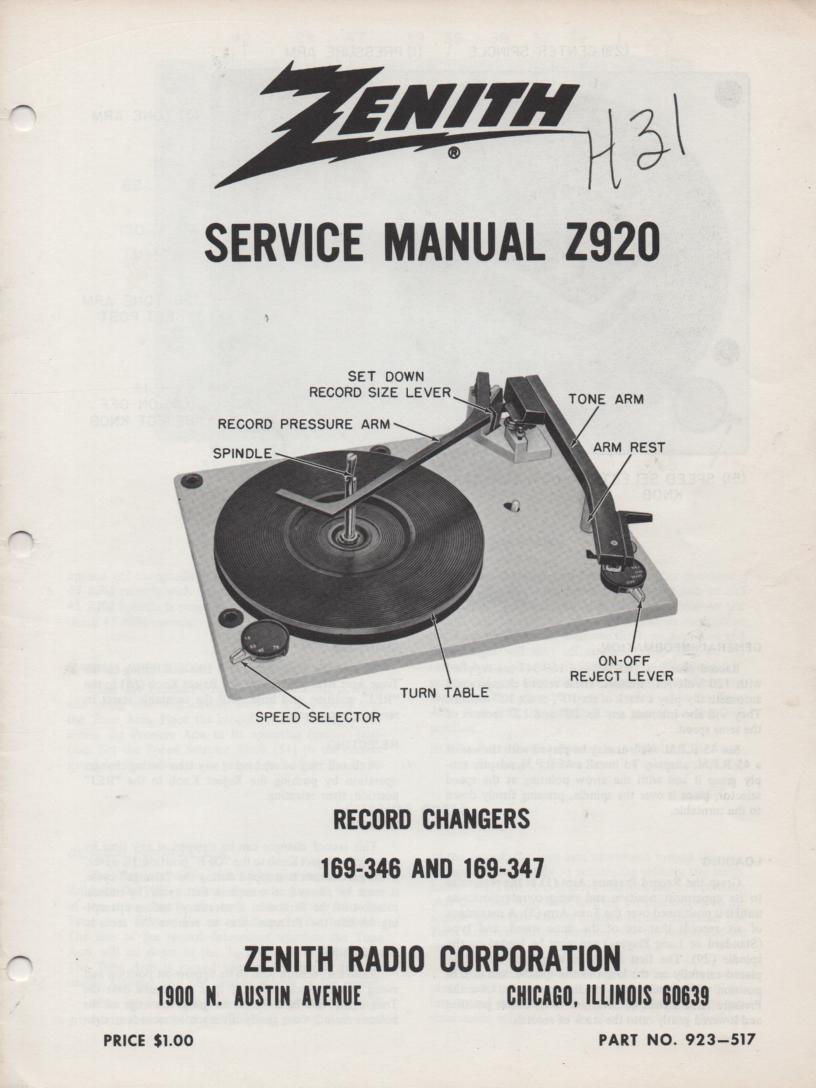 169-346 169-347 Record Changer Service Manual Z920  Zenith