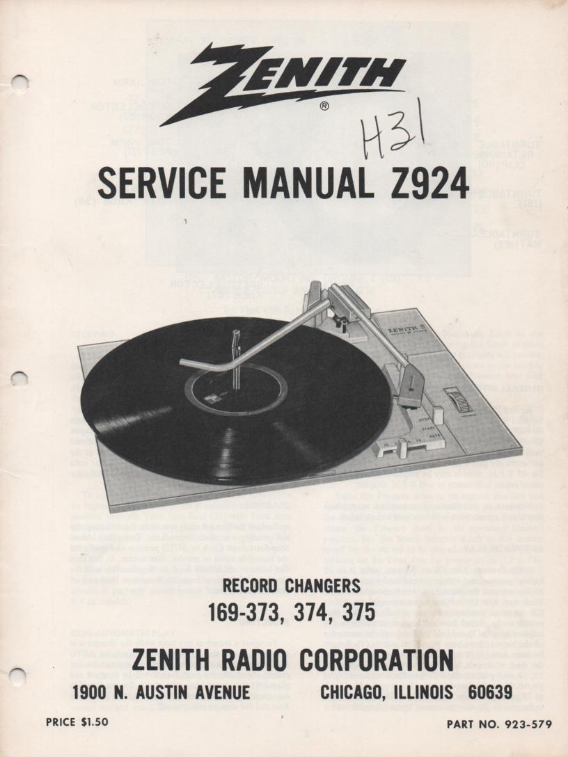 169-373 169-374 169-375 Record Changer Service Manual Z924  Zenith