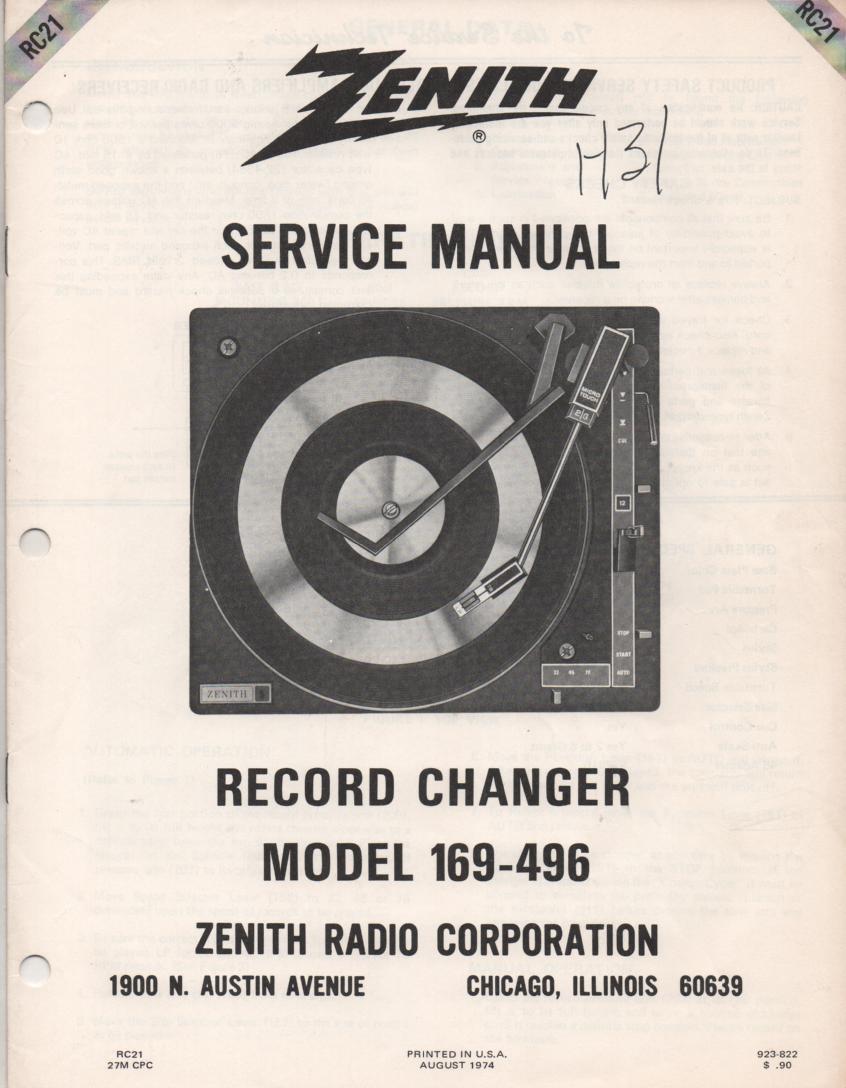 169-496 Turntable Service Manual RC-17  Zenith