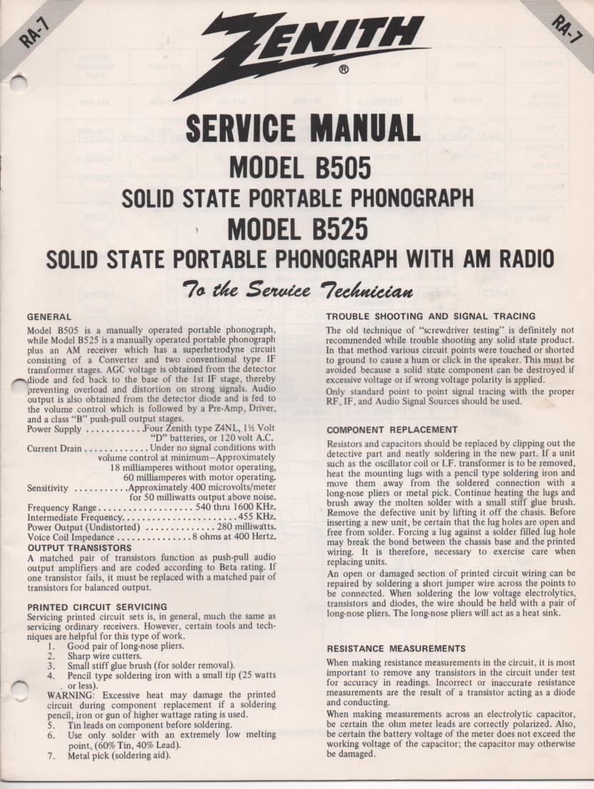 B505 Turntable Service Manual RA-7  Zenith