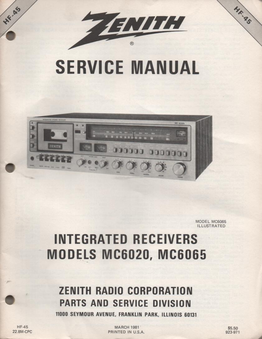 MC6020 MC6065 Stereo System Service Manual HF45  Zenith