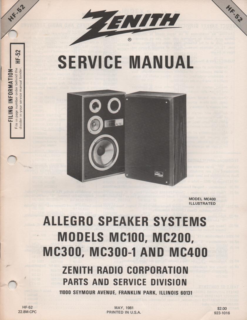 MC100 MC200 MC300 MC300-1 MC400 Allegro Speaker Systems Service Manual HF52  Zenith