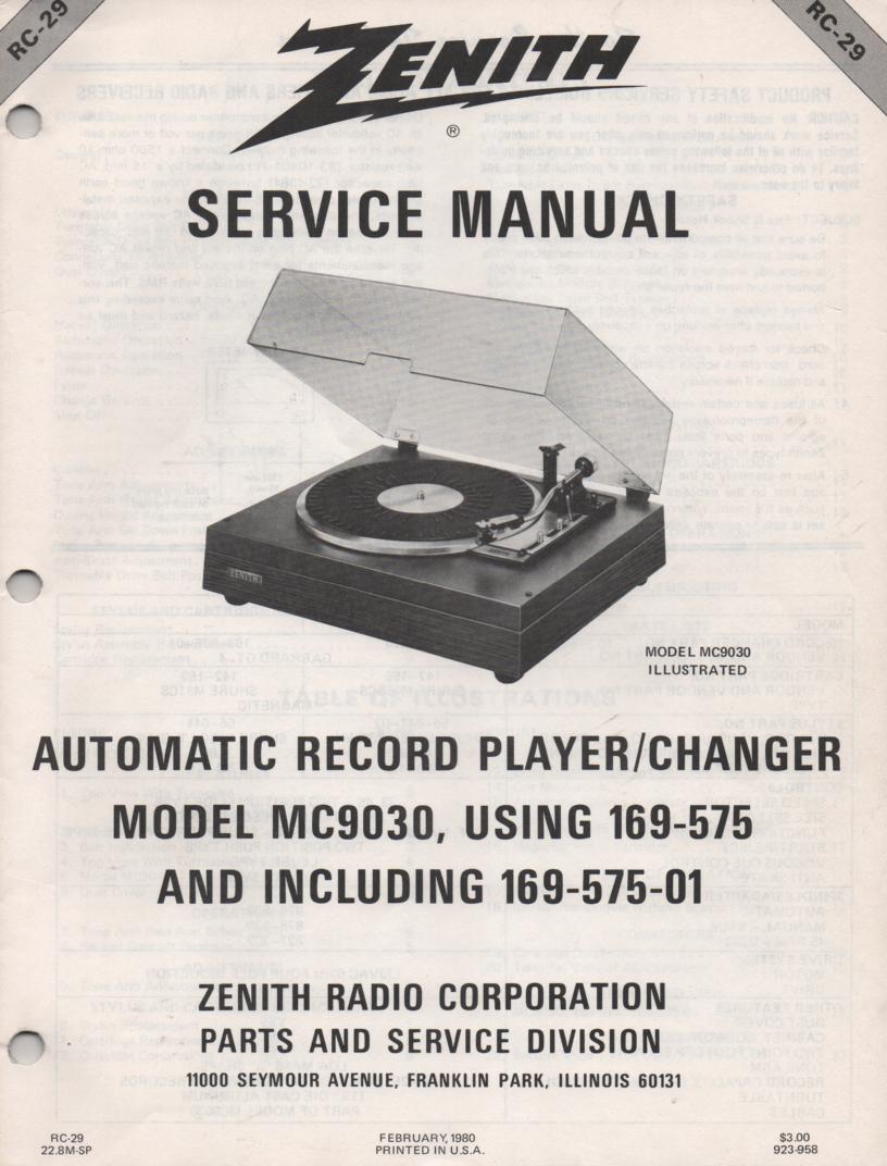 MC9030 169-575 Turntable Service Manual RC-29  Zenith