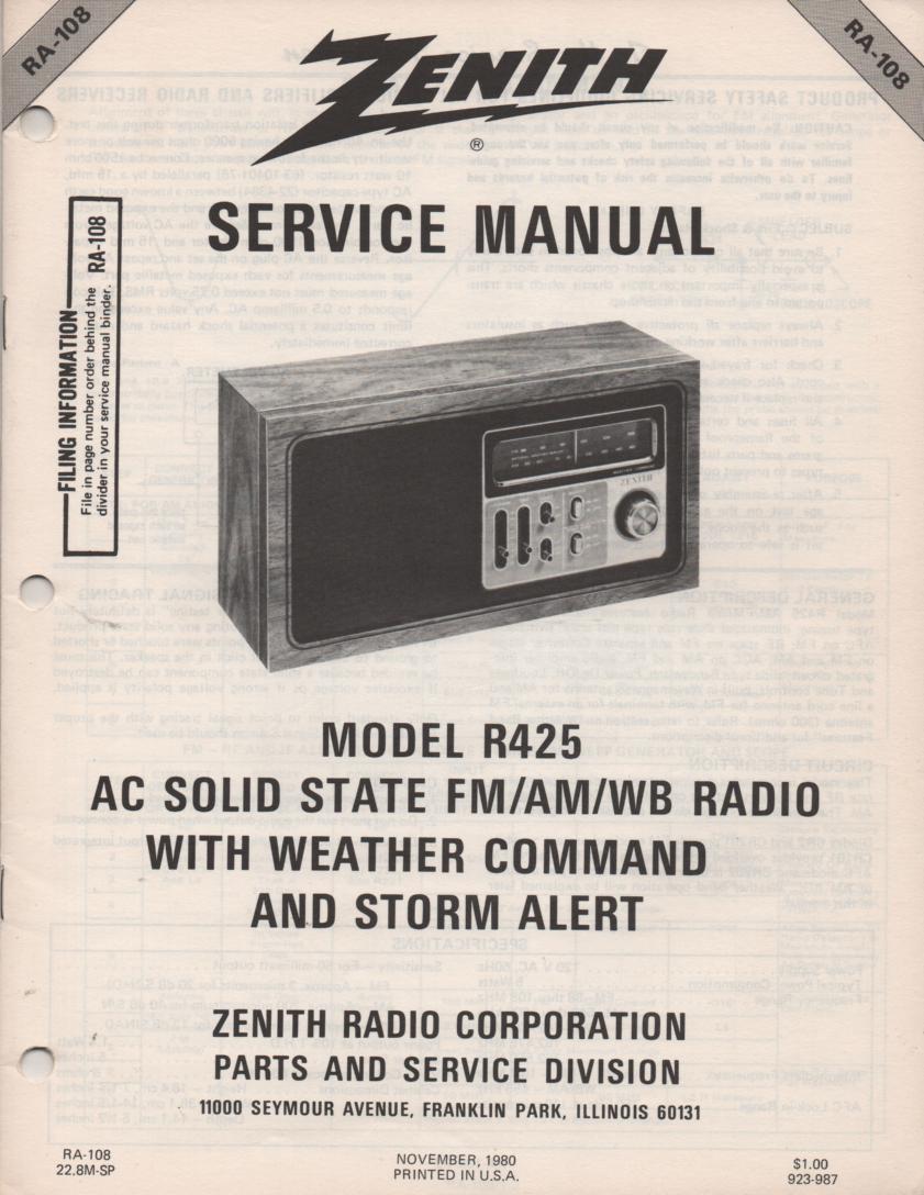R425 AM FM Weather Radio Service Manual RA108