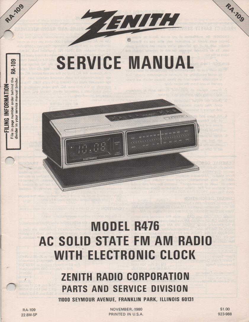 R476 AM FM Clock Radio Service Manual RA109