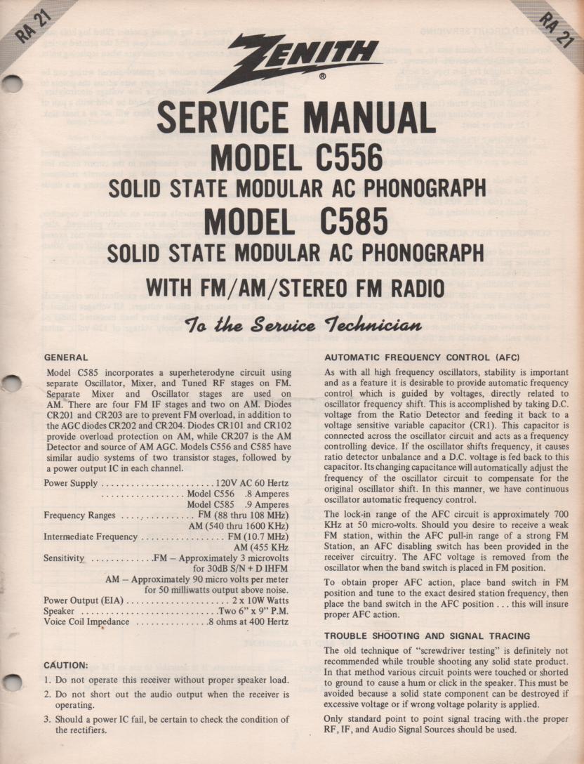 C556 C585 AM FM Radio Phonograph Service Manual RA21  Zenith
