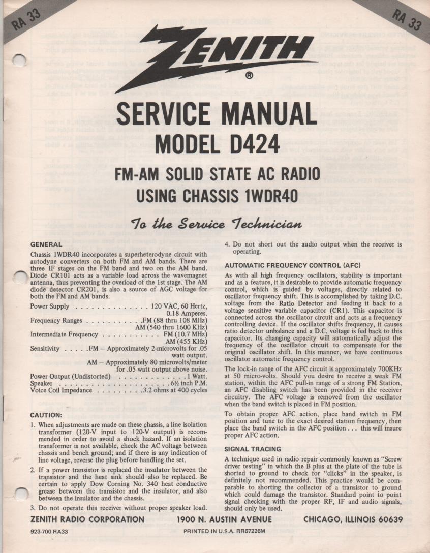D424 Portable Radio Service Manual RA33.  with chassis 1WDR40